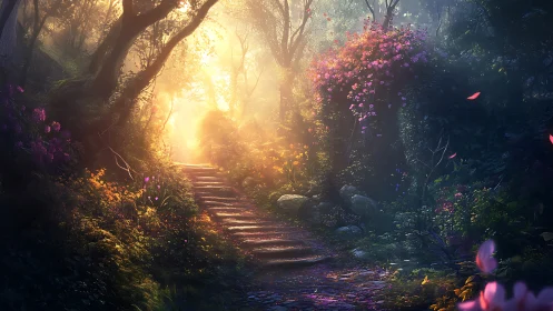 Enchanted Forest Path at Sunrise.