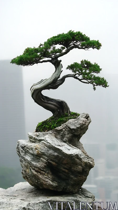 Skyline sage bonsai perched on a stoic city rooftop stone.