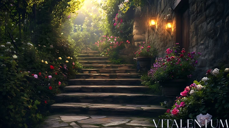 Stone garden staircase with warm lanterns and dense florals