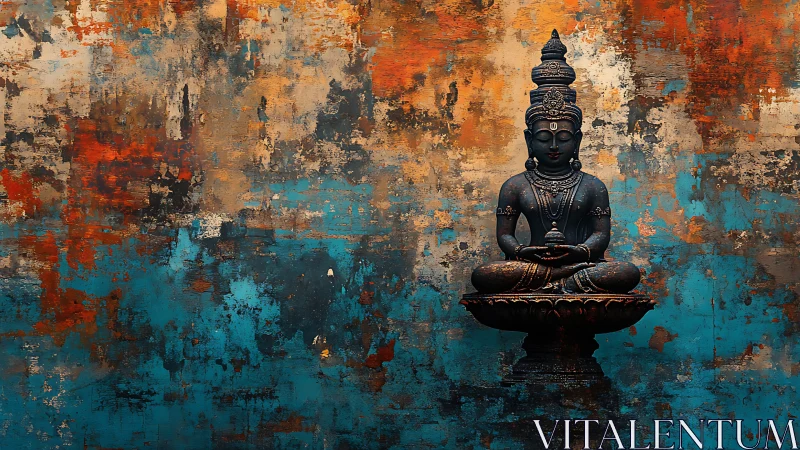 Calm bronze deity resting before vibrant rustic colors.