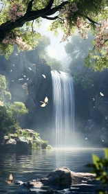 Tranquil waterfall pool framed by blossoms and soft light.