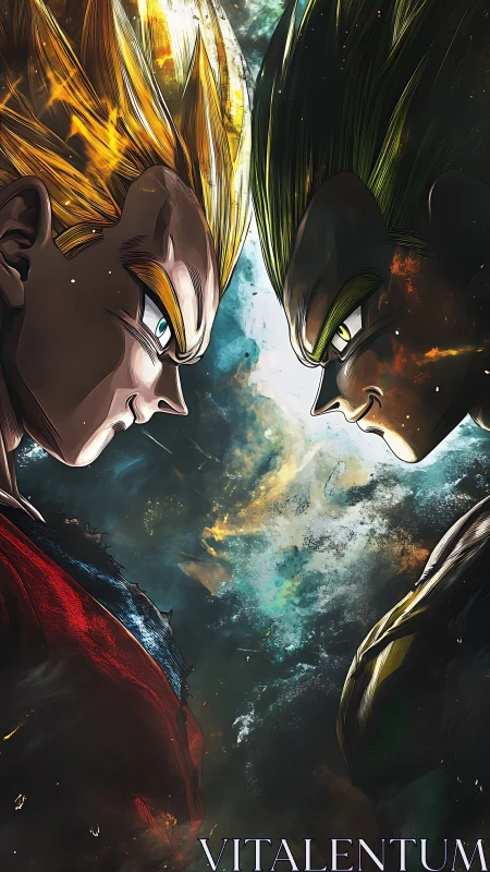 Two stylized warriors face off in a vertical split composition