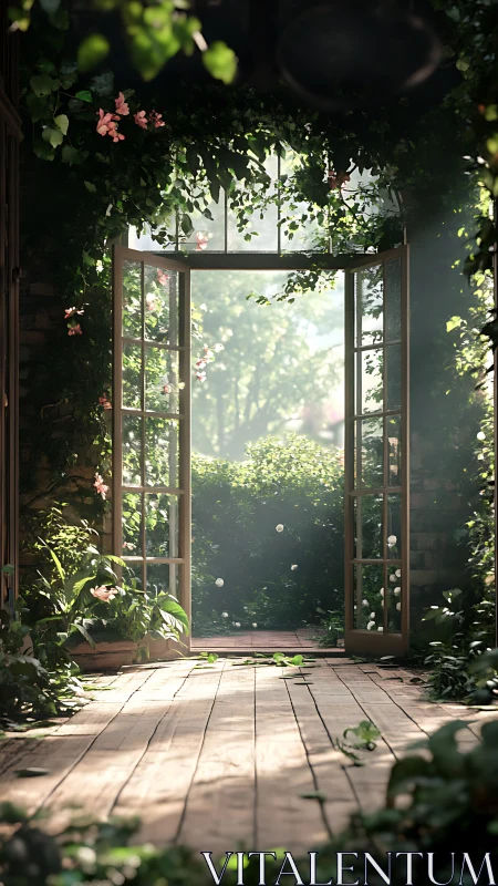 Sunlit garden doorway breathing with drifting flower light.