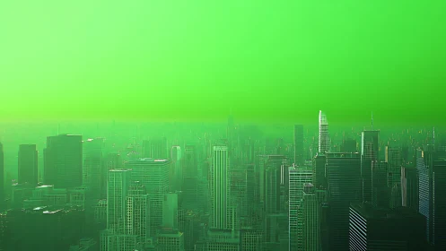 Dense modern city skyline extends beneath uniform green haze