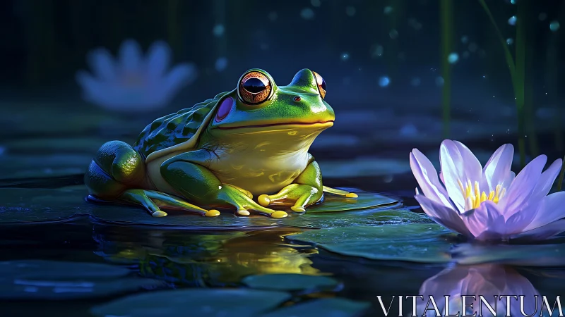 Gentle green frog rests on a moonlit lily pad in calm water