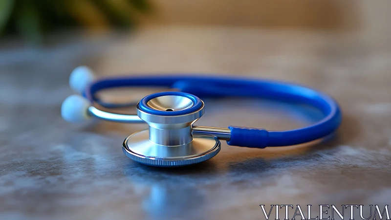 Blue stethoscope on reflective medical desk surface.