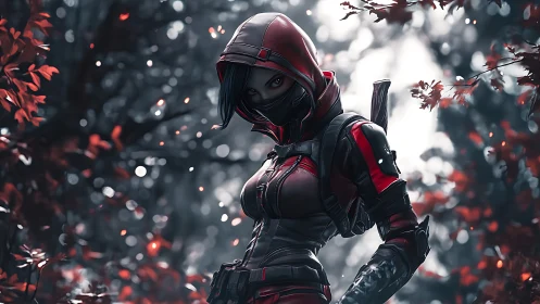Digital painting rogue assassin in crimson tactical hooded armor.
