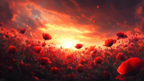 Sunset over dense red poppy field under dramatic clouds.