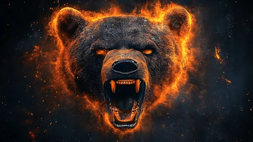 Fiery bear spirit roars with blazing strength and bright power