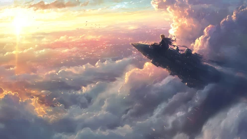 Aerodynamic sky skiff crossing volumetric sunset cloud field.