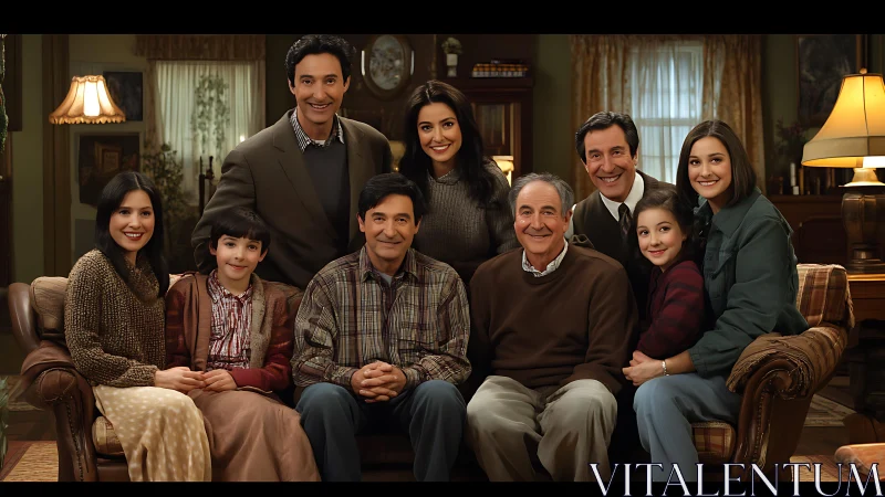 Multigenerational family sits on couches in warmly lit living room