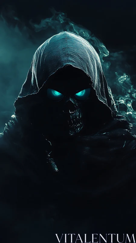 Mysterious hooded reaper with glowing blue eyes in shadowy mist.