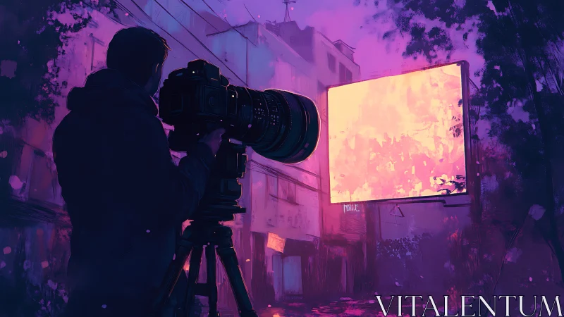 Cameraperson recording illuminated screen in urban alley.