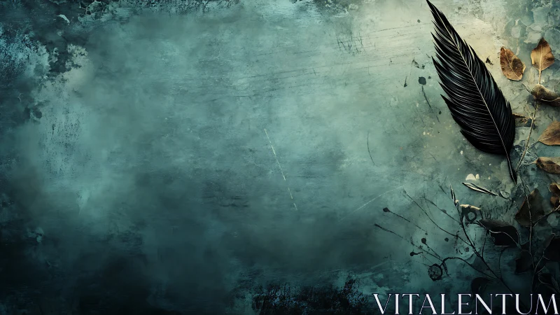 Dark feather and dry leaves on textured teal background.