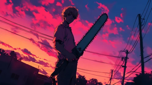 Backlit chainsaw wielder in neon-saturated dusk streetscape.