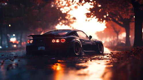 Midnight tuner glides through rainlit autumn boulevard glow.