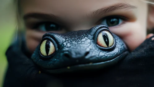 Child holding black reptile mask close to their face.