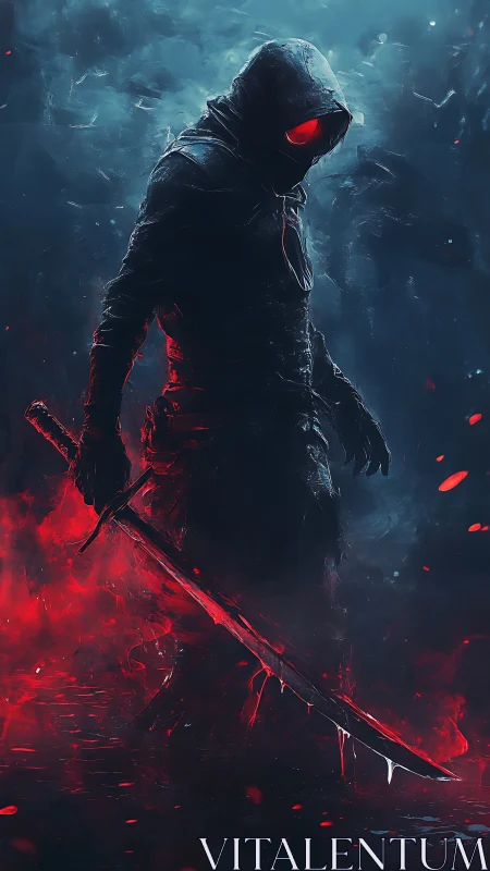 Shrouded cyber assassin with bloodlit katana in storm.