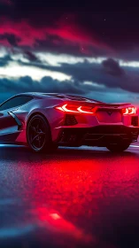 Sleek sports car glowing under a neon soaked night sky.
