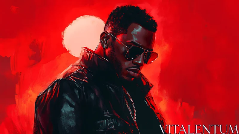 Moody portrait of cool man in leather against red sun.