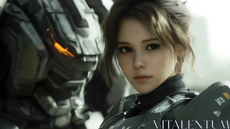 Young armored woman stands beside massive combat mech.