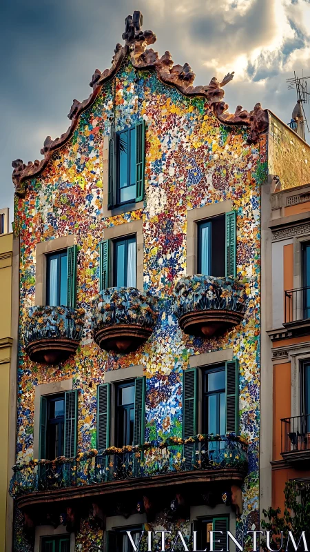Sunlit mosaic house glowing with storybook charm.