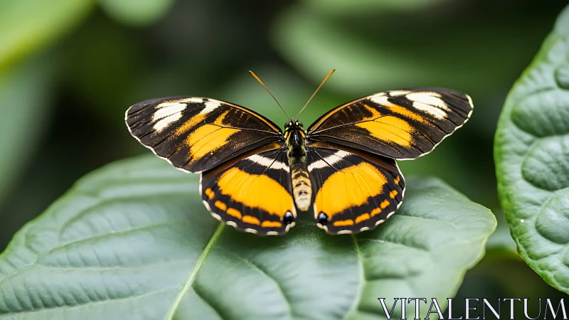 Orange and black butterfly resting on green leaf surface.