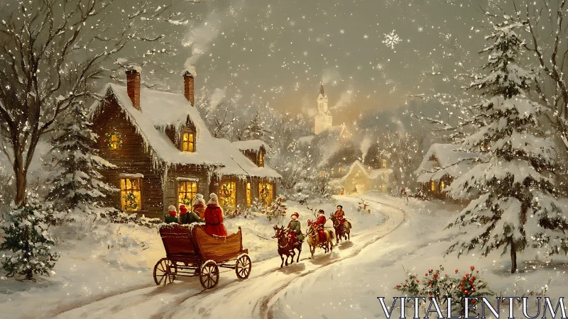 Horse-drawn sleigh glides along snowy village lane at dusk