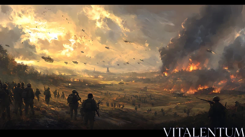 Futuristic infantry advance under burning war-torn skies.