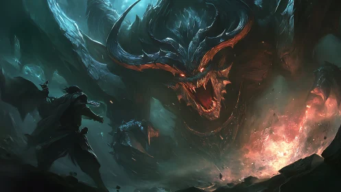 Warrior confronts colossal demon in blazing cavern inferno