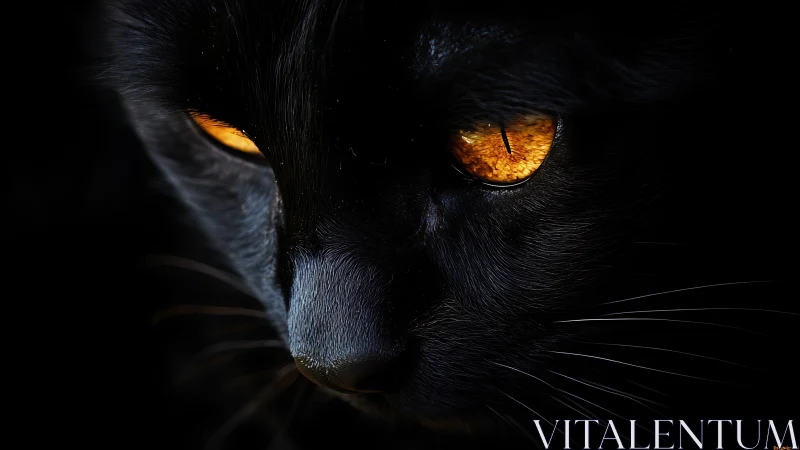 Low key feline close-up with luminous amber eyes study.