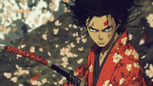 Samurai warrior grips drawn katana amid falling petals