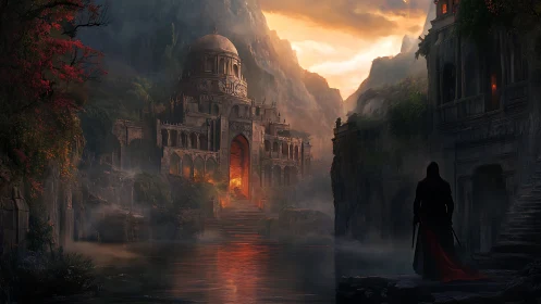 Lone cloaked figure observes burning citadel at dusk