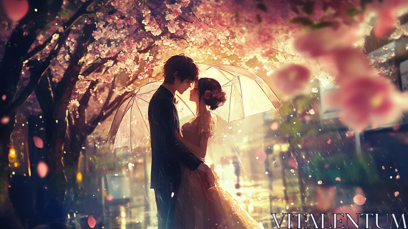 Two Hearts Dancing Through Luminous Rainfall Beneath Cherry Blossoms