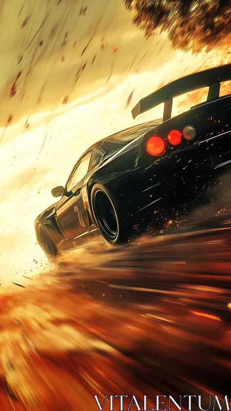 Dynamic rear-perspective race car in cinematic digital painting.