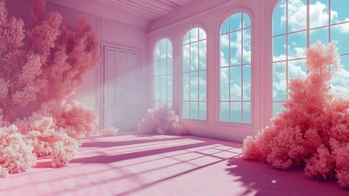Cotton candy clouds bloom inside a sunwashed dream room.