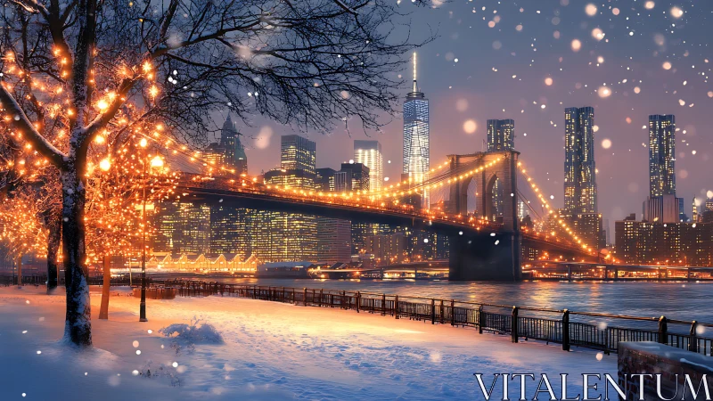 Snowy city bridge glows with cozy winter evening lights