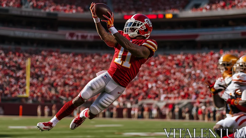 Wide receiver airborne catch in crowded NFL stadium.