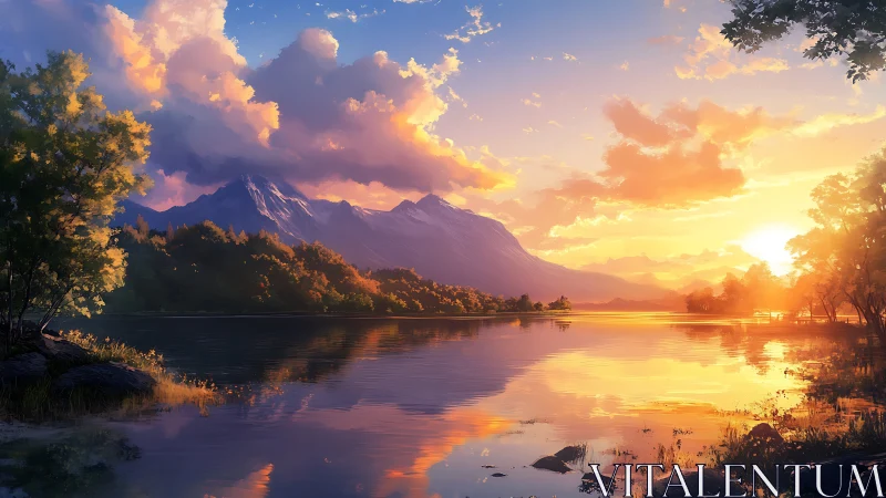 Mountain lake landscape under warm sunset sky reflection.