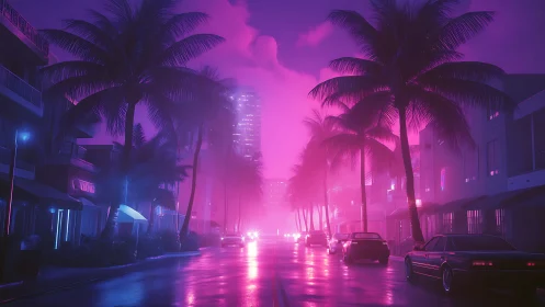 Neon-lit palm street shows wet asphalt in dense magenta fog