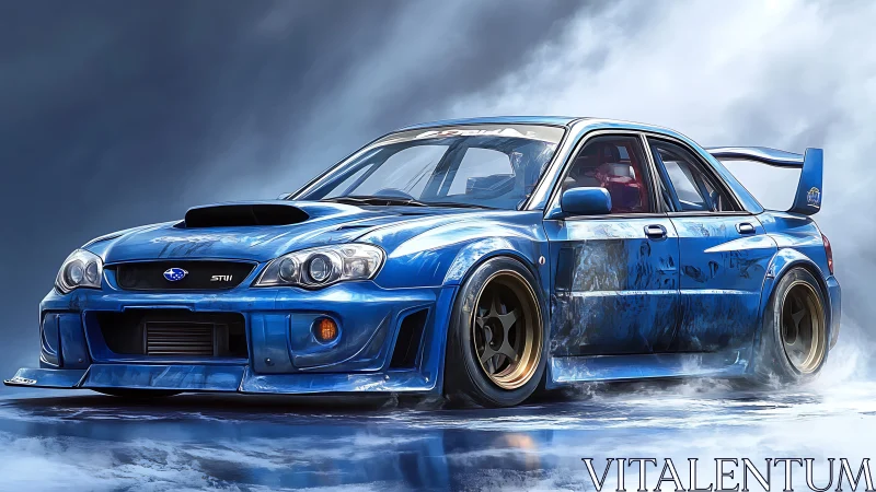 Blue rally car poised in swirling misty light and motion.