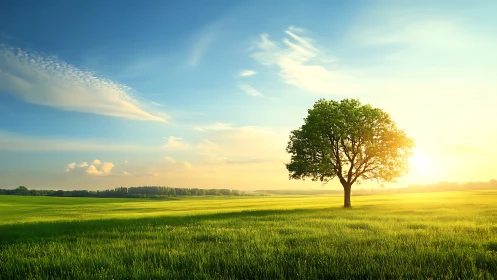 Solitary tree anchors sunlit meadow under expansive sky