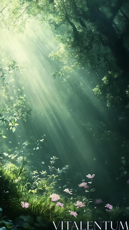 Sunlit forest glade bathes wildflowers in gentle morning hush