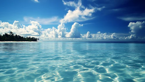 Wide-angle view records calm tropical sea under clouded sky