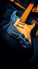 Electric guitar on dark fabric with warm light reflection.