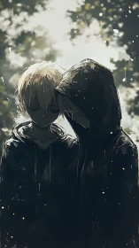 Two shadowed friends lean quietly into the rainy light