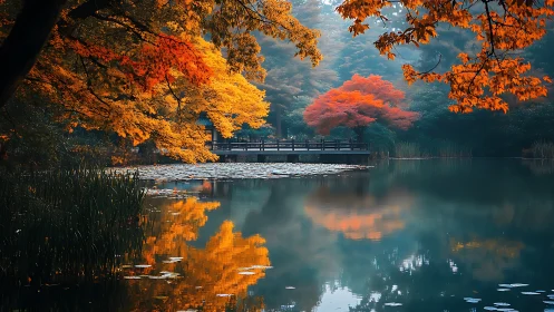 Autumn maple reflections surround a tranquil lakeside bridge.