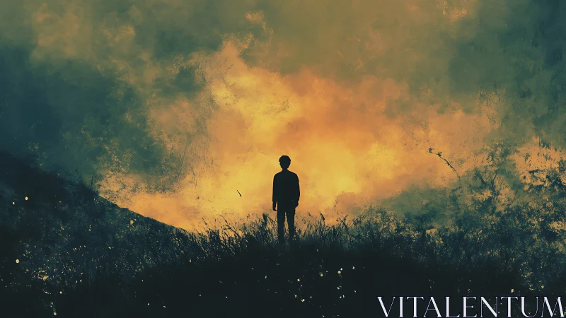 Solitary figure watches burning sky over dark hillside