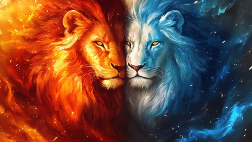 Two lions depicted with opposing fire and ice elemental effects