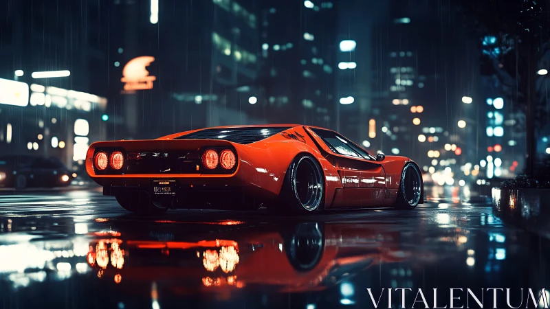 Scarlet midnight supercar idling in neon stained rainstorm.